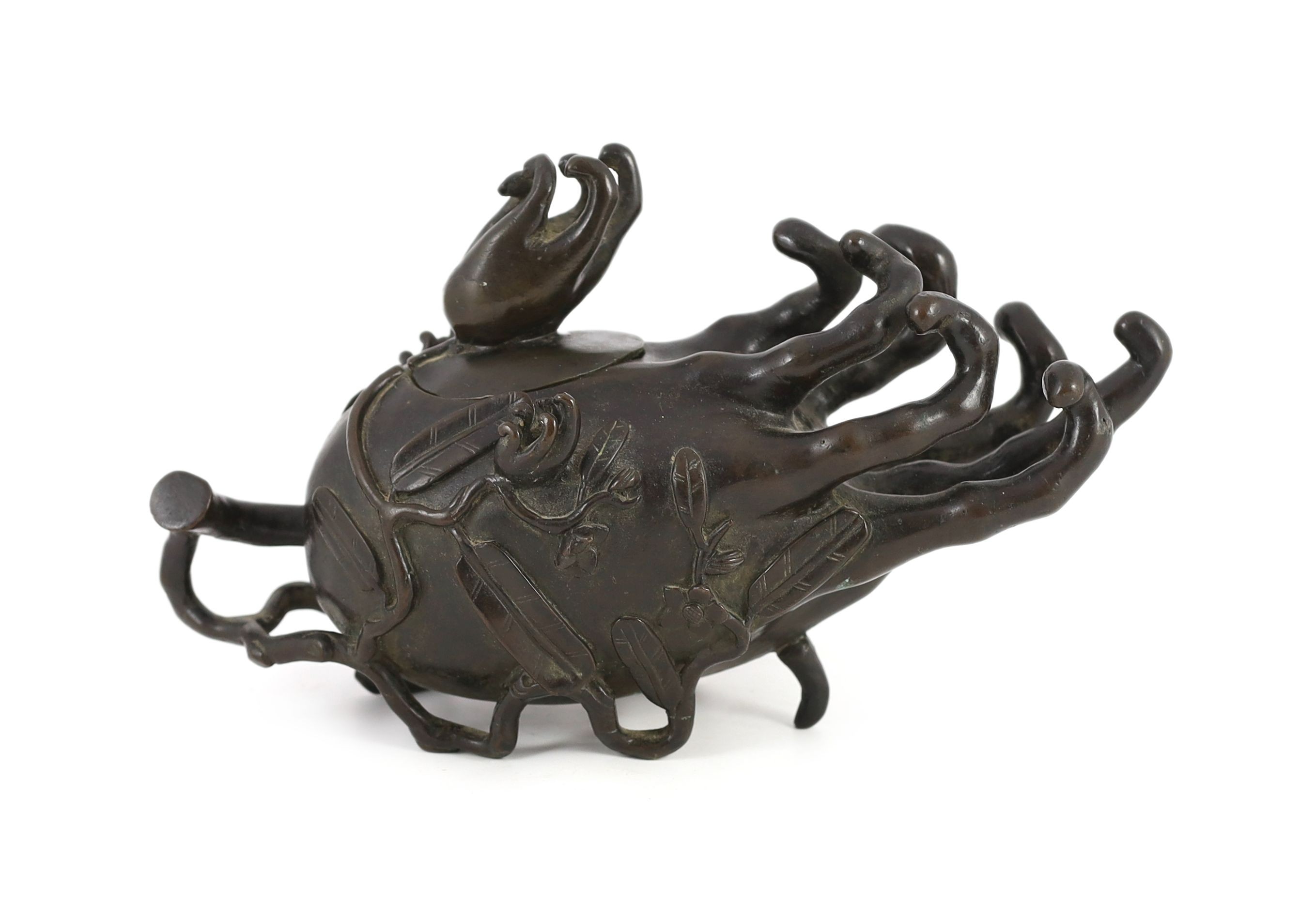 A Chinese bronze ‘finger citron’ censer and cover, late Ming dynasty, 18cm high, 31cm long, lid fixed